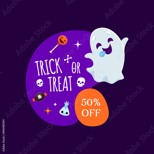 Halloween sale frame and kawaii ghost character. Vector discount tag featuring a cute, foolish, smiling spook surrounded by colorful candies and treats, inviting spooky savings with a playful spirit
