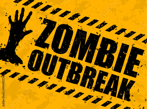 Zombie outbreak warning caution, Halloween monster apocalypse vector awareness banner with yellow background, black grungy typography and creepy hand of corpse emerging from the ground
