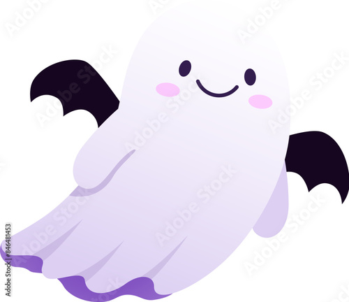 Halloween kawaii ghost character. Isolated cartoon vector funny spook with friendly eyes and bat wings, terrifies during horror night. White little monster floats in the air with playful smile on face