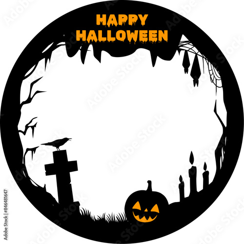 Halloween social media post frame template features round border with ghostly details. Spooky background with black and orange colors, bats, pumpkin face, cemetery tombs, candles and raven silhouettes