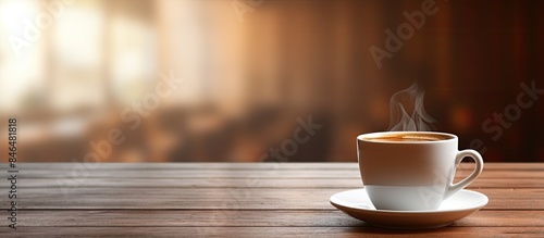 The interior of a coffee shop features a coffee cup on a table leaving empty space for text or images. copy space available