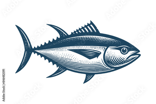 Tuna fish Vintage engraving illustration, icon, logo. Seafood. Vector drawing. Blue color. hand drawn