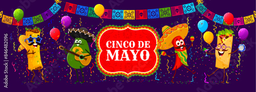 Mexican tex mex cuisine characters on Cinco de Mayo holiday banner. Cartoon burrito sandwiches, chili pepper and avocado vector personages with sombrero, guitar, maracas and papel picado flags garland