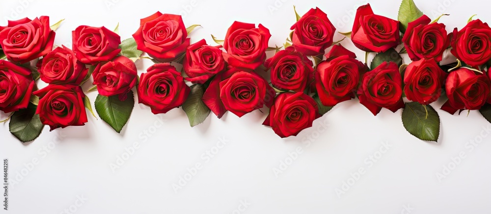 Fresh roses arranged in a bouquet vibrant red petals contrasting against a clean white backdrop This wide banner offers ample copy space for text Fresh roses arranged in a bouquet vibrant red petals contrasting against a clean white backdrop This wide banner offers ample copy space for text
