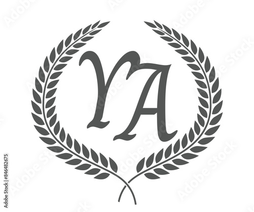Initial letter Y and A, YA monogram logo design with laurel wreath. Luxury calligraphy font.