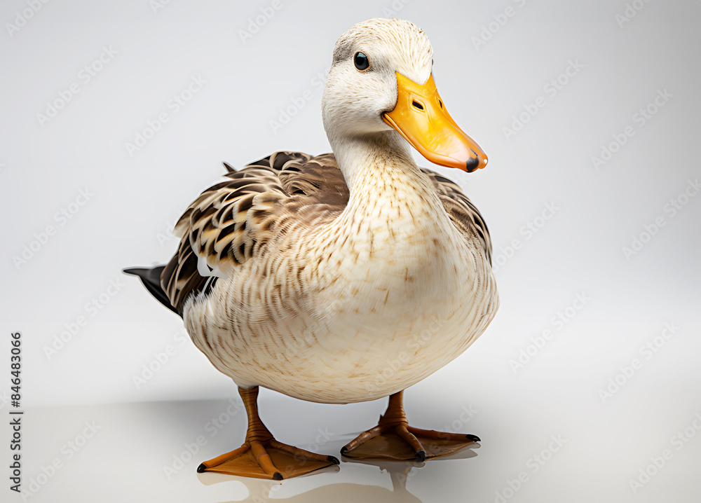 White, brown duck walking for food on white background. Realistic animal poultry clipart template pattern. White, brown duck walking for food on white background. Realistic animal poultry clipart template pattern.