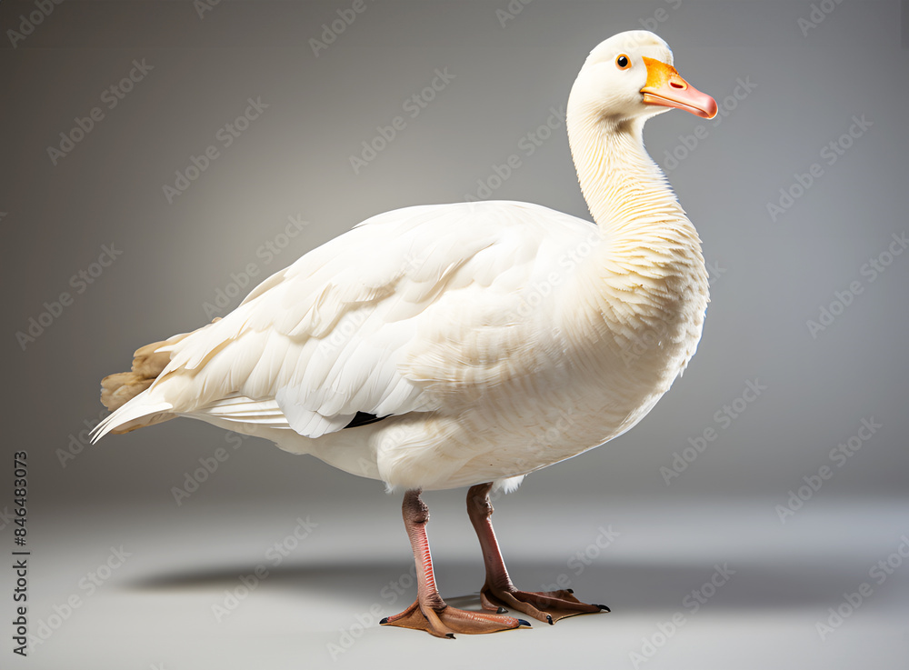 White duck walking for food on grey background. Realistic animal poultry clipart template pattern. Good swimmer, eats fish, aquatic plants and small animals as food. White duck walking for food on grey background. Realistic animal poultry clipart template pattern. Good swimmer, eats fish, aquatic plants and small animals as food.
