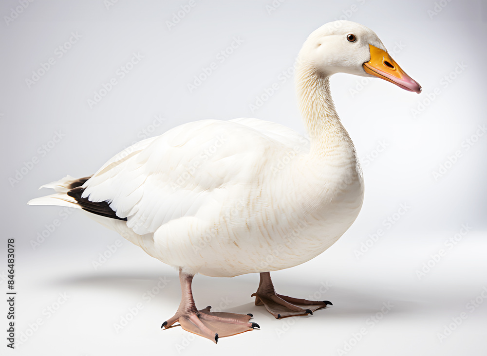 White duck walking for food on grey background. Good swimmer, eats fish, aquatic plants and small animals as food. Realistic animal poultry clipart template pattern. White duck walking for food on grey background. Good swimmer, eats fish, aquatic plants and small animals as food. Realistic animal poultry clipart template pattern.