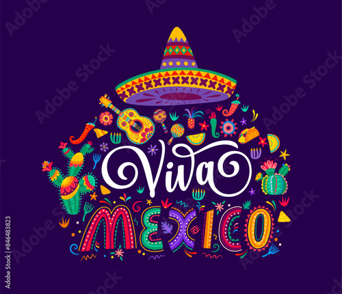 Viva Mexico, National Independence day banner with sombrero hat, guitar and maracas, vector ethnic background. Mexican holiday fiesta with chili peppers, cactus and burrito in floral ornament