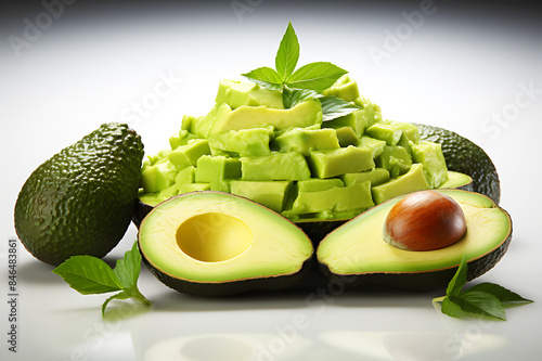 Green Avocado whole, seed brown and cut into small pieces with leaf granules placed on white background. Ripe fresh green avocado. Avocado Clipping Path. Realistic fruit clipart template pattern.