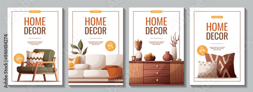Set of flyers with cozy sofa, armchair, chest of drawers, pillows, interior decor. Vector illustration for banner, promo, advertising.