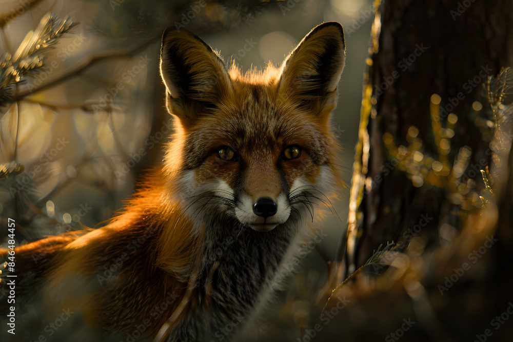 Fototapeta premium Beautiful red fox bathed in warm sunlight in the forest, close-up portrait with blurred natural background