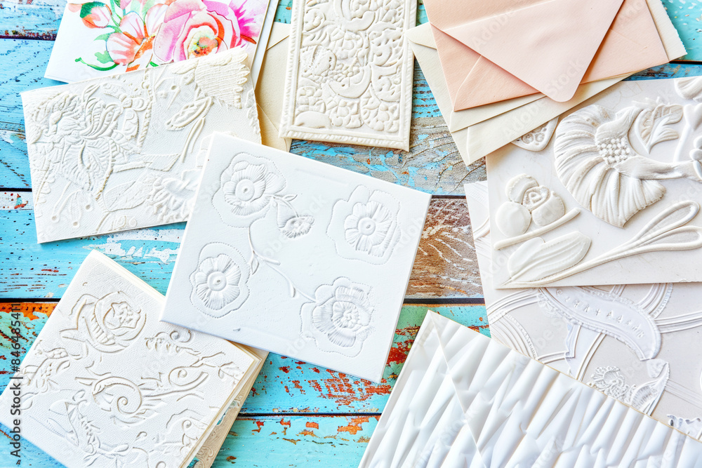 A stack of luxurious embossed stationery in white and gold, featuring intricate patterns and designs.