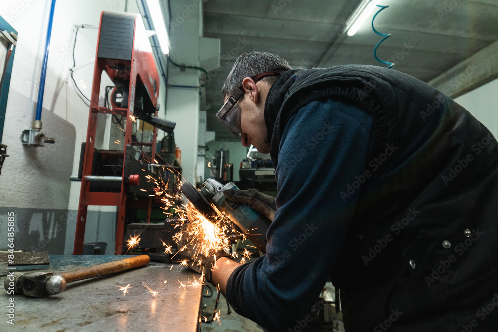Repairman cutting iron with electric circular saw in motorcycle workshop Repairman cutting iron with electric circular saw in motorcycle workshop