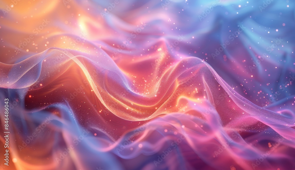 Fototapeta premium Holographic abstract background with blurred fluid shapes in blue, pink, and orange colors.