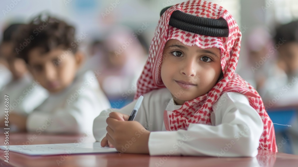 Portrait of Saudi Arabian young school boy sitting at his desk in the classroom and looking at camera Portrait of Saudi Arabian young school boy sitting at his desk in the classroom and looking at camera