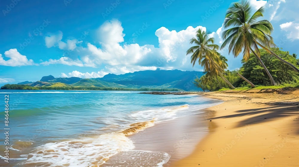 A serene tropical beach with golden sand, clear blue water, and lush palm trees under a bright blue sky with scattered clouds. Mountains are visible in the background. A serene tropical beach with golden sand, clear blue water, and lush palm trees under a bright blue sky with scattered clouds. Mountains are visible in the background.