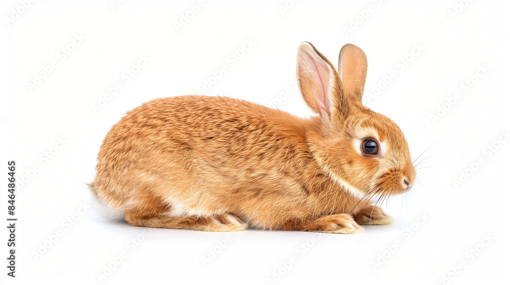 Obraz premium Brown rabbit standing up. Easter Bunny Hare Cottontail rabbit Domestic rabbit. Sniffing Rabbit. Young red rabbit isolated on white Background. The funny rabbit is standing on its hind legs. 