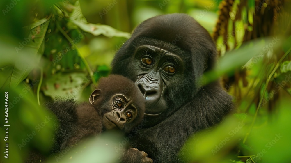 A close-up of a mother gorilla holding her baby in a lush, green forest. The baby gorilla is looking at the camera. The background is filled with green leaves and foliage. A close-up of a mother gorilla holding her baby in a lush, green forest. The baby gorilla is looking at the camera. The background is filled with green leaves and foliage.