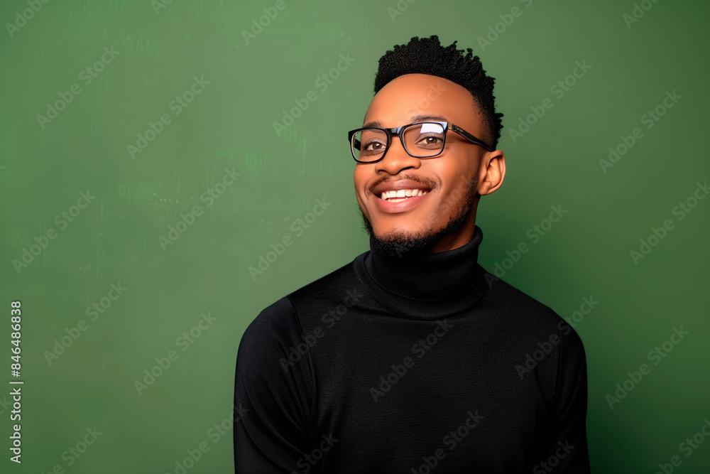 Obraz premium Man with glasses wearing a black turtleneck sweater smiling against a green background. Studio portrait photography. Professional and casual concept. Design for poster, banner, greeting card