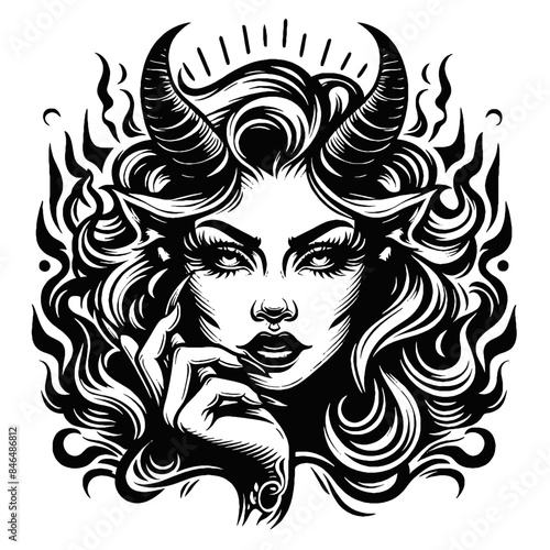 Vector sketch of devil woman with horns