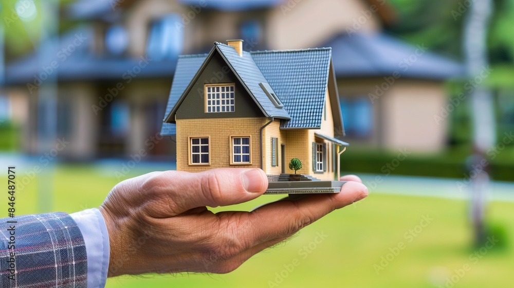 Hand holding small house model real estate investment property ownership concept miniature home closeup