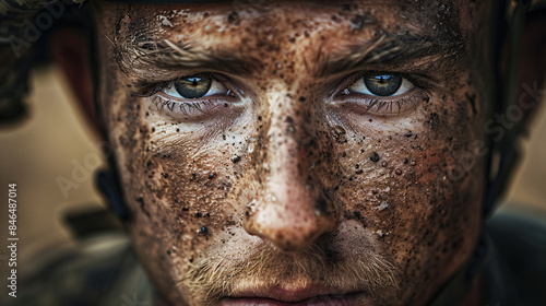 Resilient Soldier: A Close-Up Portrait of Determination and Courage with Copy Space