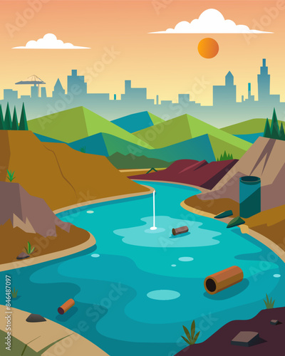 The onceserene scenery surrounding the reservoir is now a wasteland thanks to the overfilling of waste and pollutants.. Vector illustration