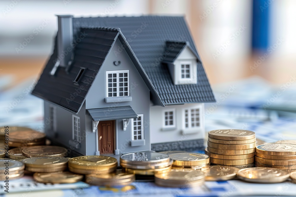 House model on stacked coins real estate investment concept financial growth savings property wealth House model on stacked coins real estate investment concept financial growth savings property wealth
