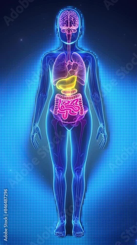 Human digestive system highlighted on black background. highlighting all focus to human's full body. front view