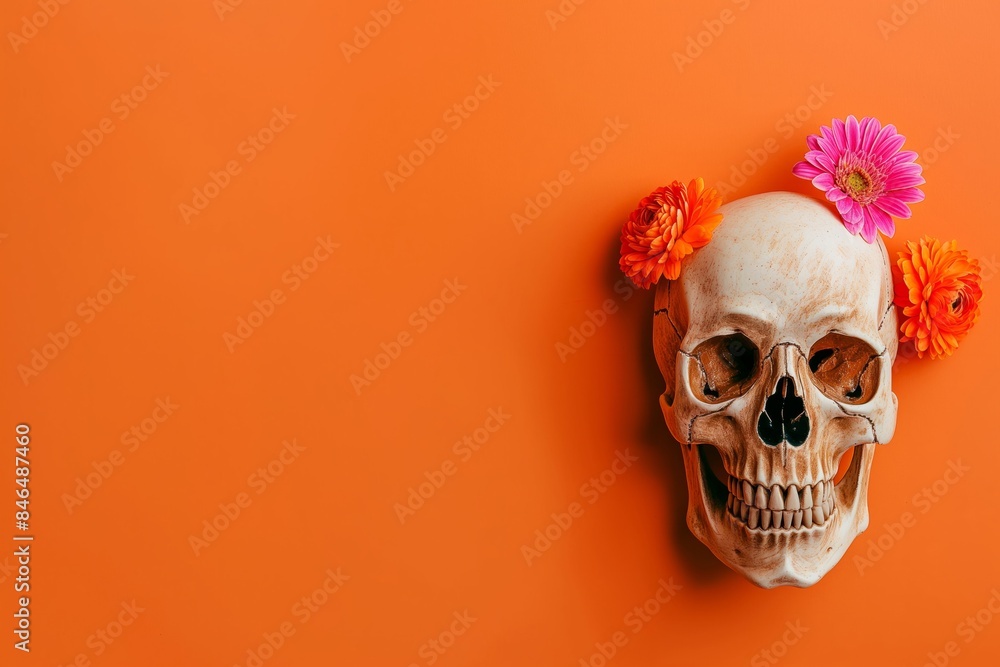 Elegant minimalist pumpkin display with white frame on orange background, perfect for autumn and Halloween designs. Copy space. Flat lay. Top view Elegant minimalist pumpkin display with white frame on orange background, perfect for autumn and Halloween designs. Copy space. Flat lay. Top view
