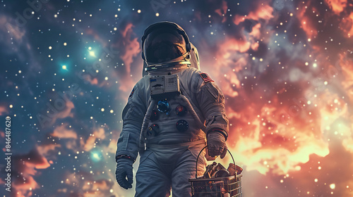 Cosmic Shopper - Astronaut with Space-Themed Merchandise in Shopping Basket Amid Celestial Background for Graphic Design and Marketing Concepts