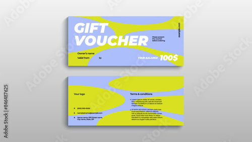 Abstract gift voucher card template. Modern discount coupon or certificate layout with geometric shape pattern. Vector fashion bright background design with information sample text.