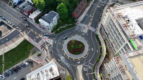 Aerial footage of Morristown Traffic Circle Roundabout in Morristown town in New Jersey, USA photo