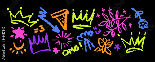Collection color of brush drawn symbols:  crowns, arrows, crosses, butterfly, star, flower,  swirls and dots with dry brush texture. Exclamation and question marks. Bold graffiti style shapes. 