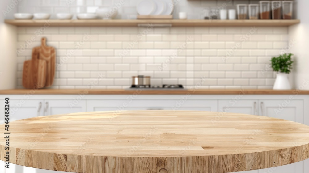 Empty beautiful round wood tabletop counter on interior in clean and bright kitchen background Empty beautiful round wood tabletop counter on interior in clean and bright kitchen background