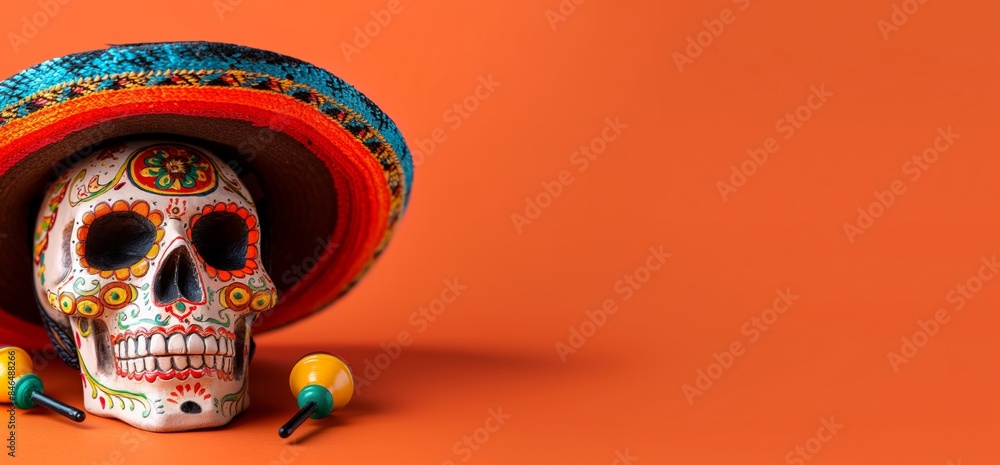 A sugar skull with maracas and a sombrero on an orange background, perfect for Day of the Dead or Halloween designs. Copy space. Flat lay. A sugar skull with maracas and a sombrero on an orange background, perfect for Day of the Dead or Halloween designs. Copy space. Flat lay.