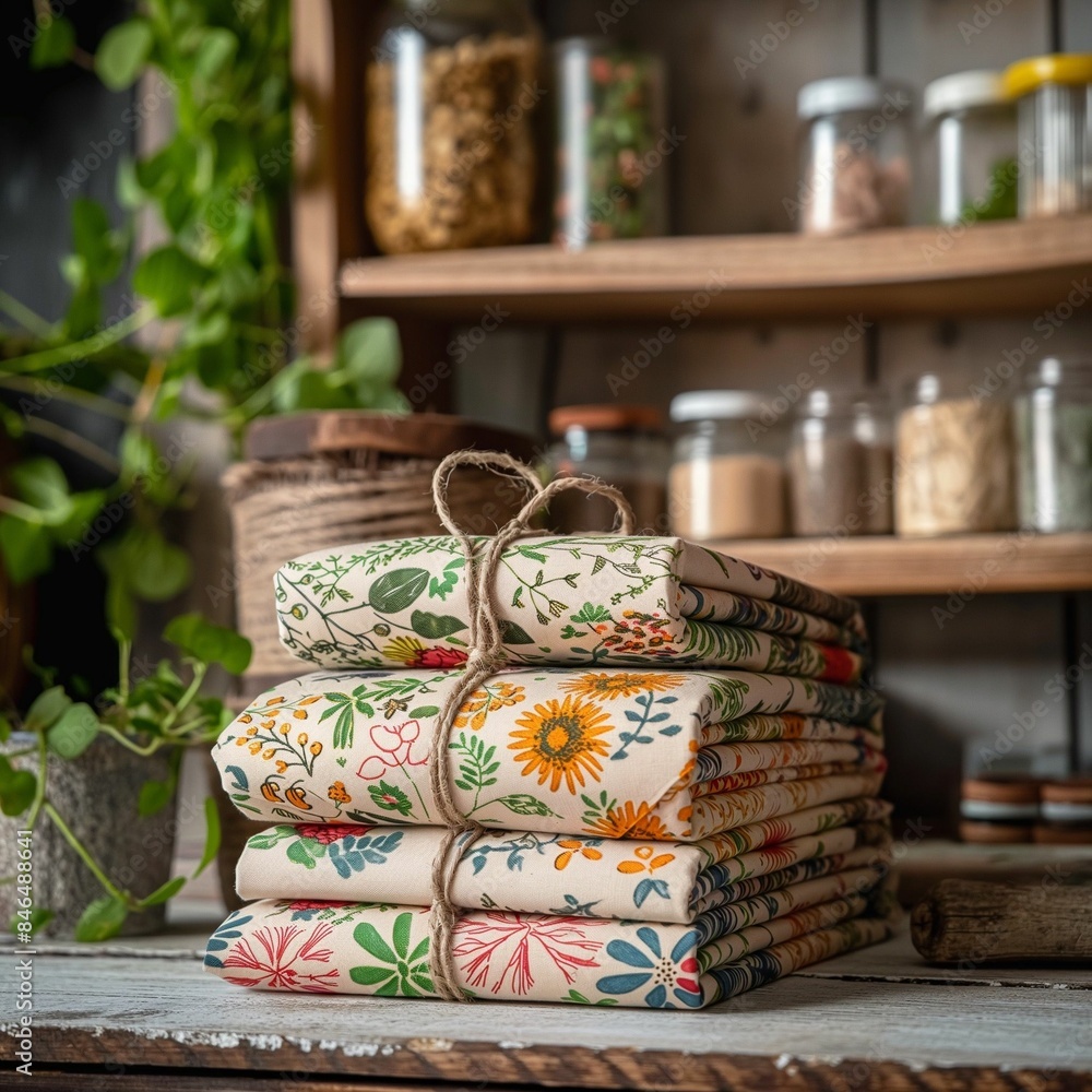 AI generated illustration of a stack of folded reusable food wraps, tied together with twine AI generated illustration of a stack of folded reusable food wraps, tied together with twine