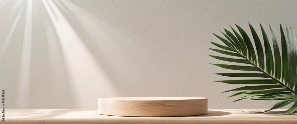 Minimal natural wood podium with green palm leaf with sunlight background. Minimal wooden stand for branding and packaging presentation Minimal natural wood podium with green palm leaf with sunlight background. Minimal wooden stand for branding and packaging presentation