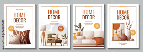 Set of flyers with cozy sofa, armchair, pillows, interior decor. Vector illustration for banner, promo, advertising.