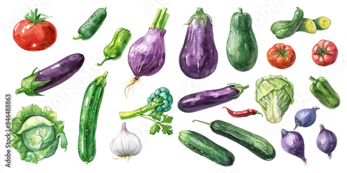 Set of watercolor mixed vegetables on a white background