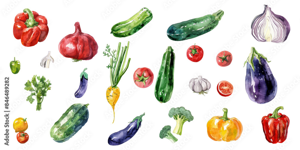 Set of watercolor mixed vegetables on a white background Set of watercolor mixed vegetables on a white background