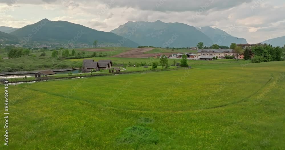 Aerial view of the landscape of a rural township in the Dolomite Alps, Italy. High quality 4k footage Aerial view of the landscape of a rural township in the Dolomite Alps, Italy. High quality 4k footage