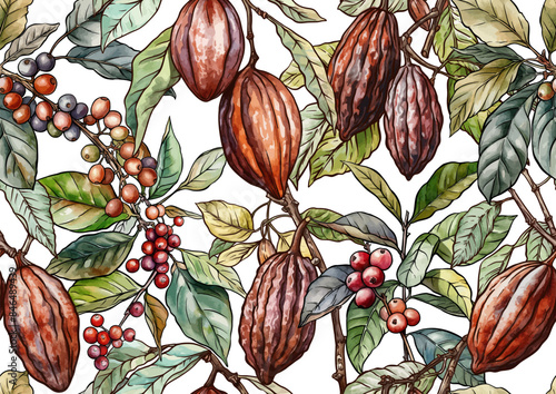Coffee tree. Branch with leaves and berries. Cocoa tree branch with cocoa beans, chocolate beans, Seamless pattern, background. Vector illustration. In botanical style