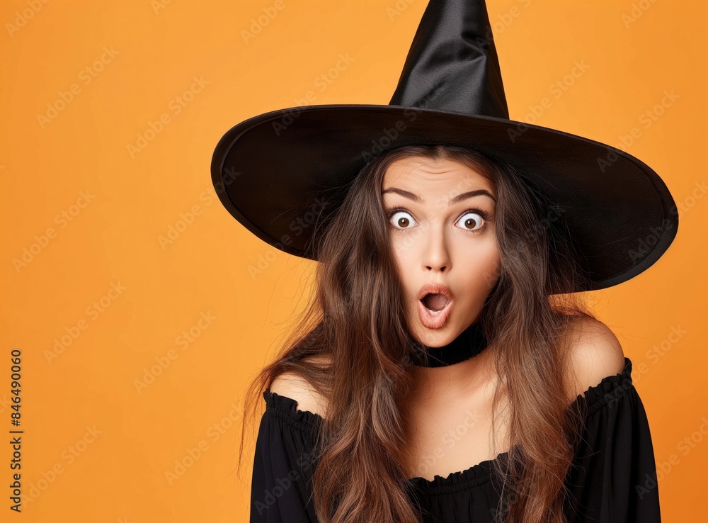 A young woman with wide eyes wearing a witch hat, expressing surprise on an orange background, ideal for Halloween designs. A young woman with wide eyes wearing a witch hat, expressing surprise on an orange background, ideal for Halloween designs.
