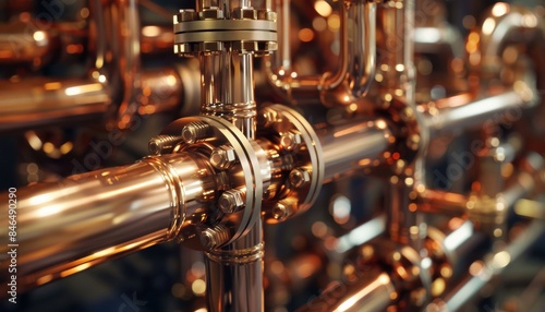 Close-up of a complex network of copper pipes and valves, showcasing industrial plumbing and mechanical engineering details.