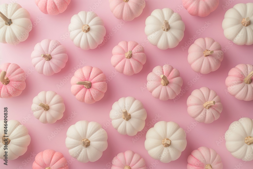 A pattern of pink and white pumpkins arranged on a pink background, ideal for autumn or Halloween-themed designs. A pattern of pink and white pumpkins arranged on a pink background, ideal for autumn or Halloween-themed designs.