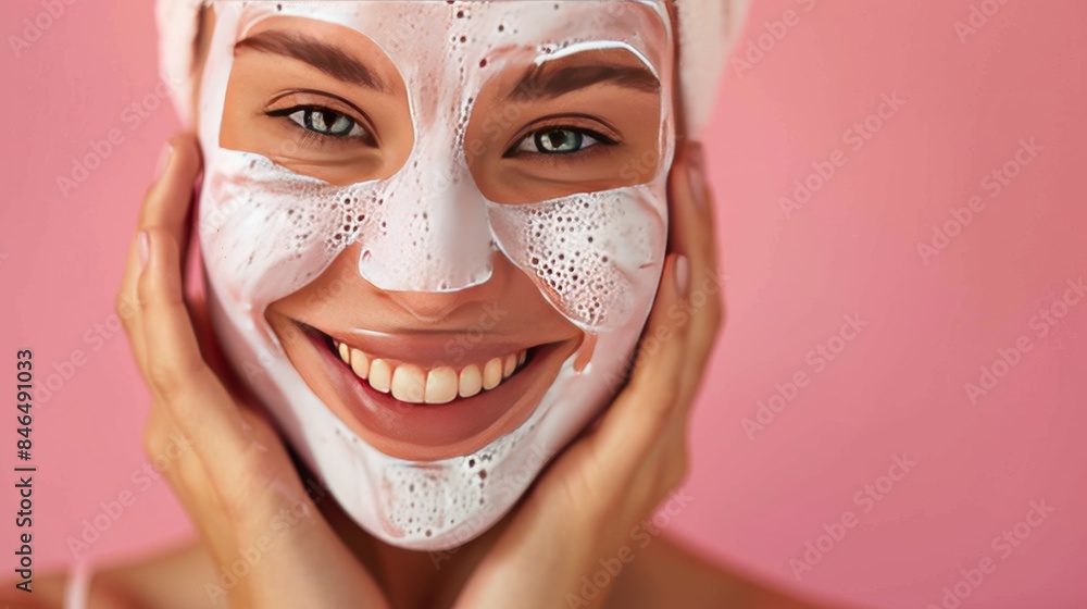 a woman with a glowing face, smiling as she applies a nourishing facial mask, emphasizing her healthy, youthful skin. a woman with a glowing face, smiling as she applies a nourishing facial mask, emphasizing her healthy, youthful skin.