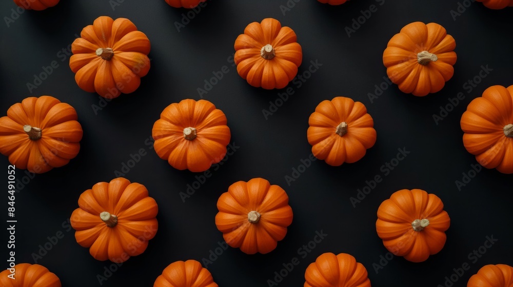 A pattern of small orange pumpkins arranged on a black background, ideal for autumn or Halloween-themed designs. A pattern of small orange pumpkins arranged on a black background, ideal for autumn or Halloween-themed designs.