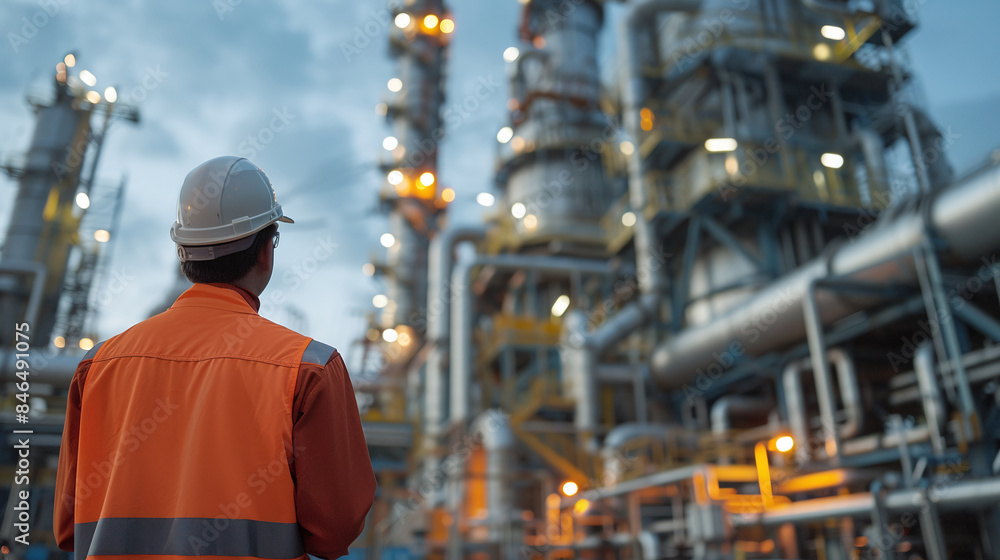 Energy engineer standing back and looking at a power plant that produces electricity. Ai generate. Energy engineer standing back and looking at a power plant that produces electricity. Ai generate.